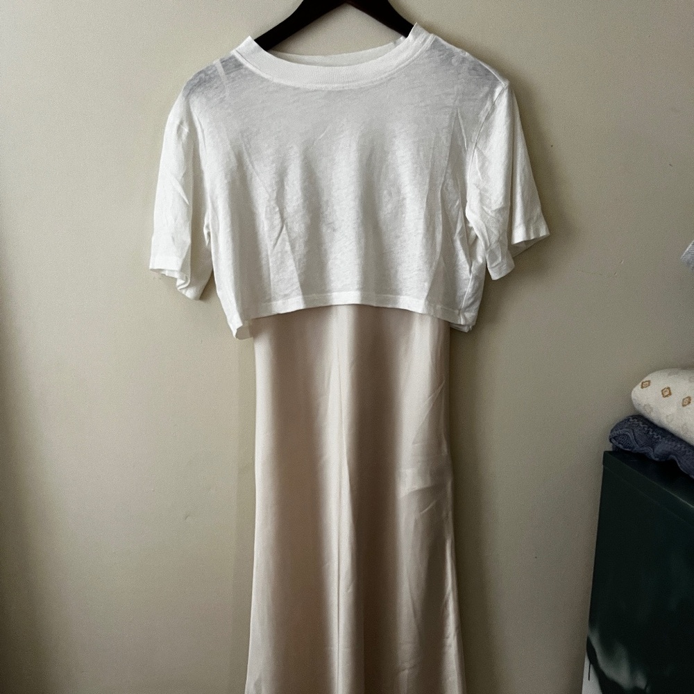 allsaints Benno two piece slip dress in beige and white size S